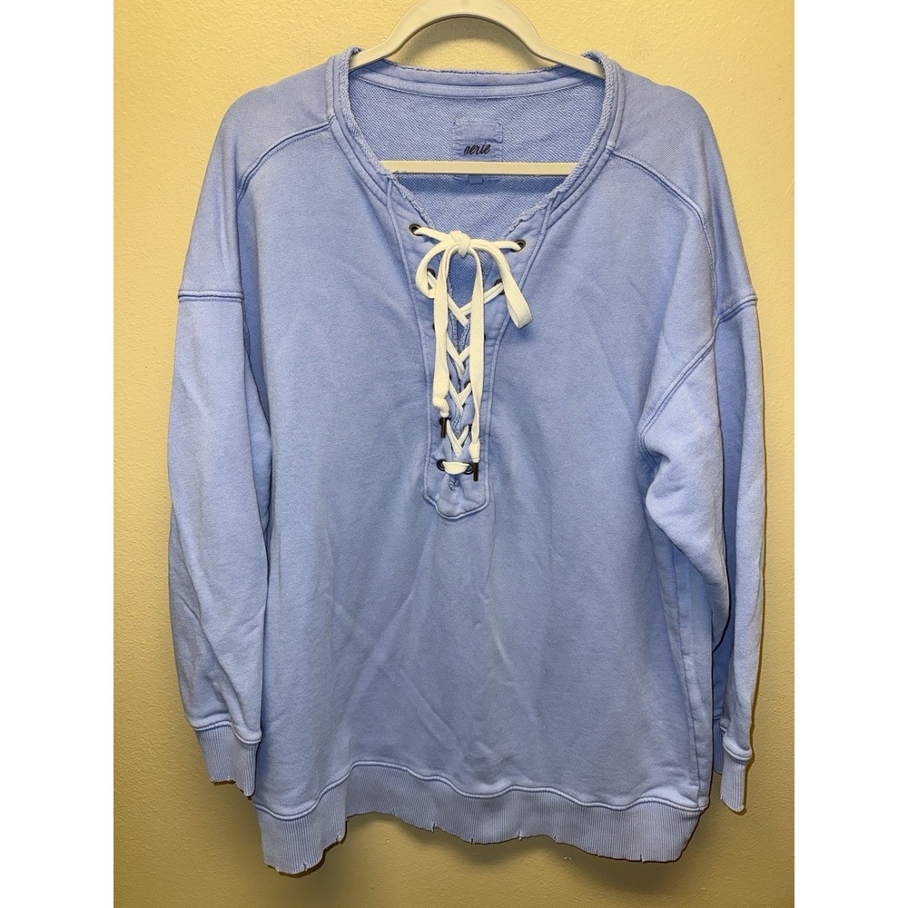 Aerie American Eagle Baby Blue Lace up Raw Hem Sweatshirt Large Oversized Preppy